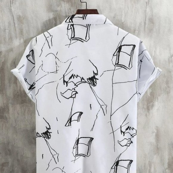 White Men's Allover Graphic Button Up Shirt Casual - Picture 2 of 5